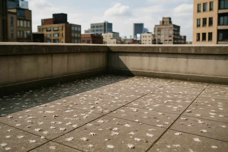 Terrasse urbaine avec fientes de pigeon et bâtiments en arrière-plan.