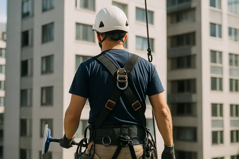 Technicien de nettoyage en hauteur avec harnais retirant des fientes de pigeon sur un bâtiment.