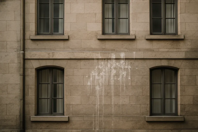 Façade en pierre avec taches de fientes de pigeon, éclairage doux