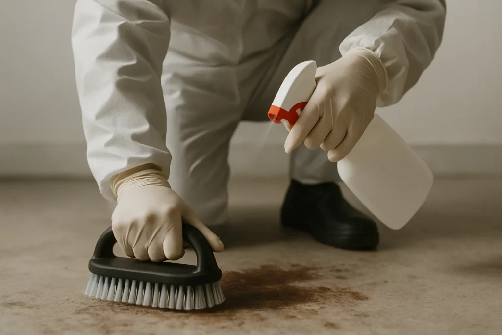 Mains gantées nettoyant une zone contaminée par des fientes avec des outils.