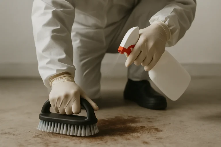 Mains gantées nettoyant une zone contaminée par des fientes avec des outils.