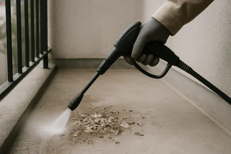 Main gantée utilisant un jet d'eau haute pression pour nettoyer un balcon recouvert de fientes de pigeon.