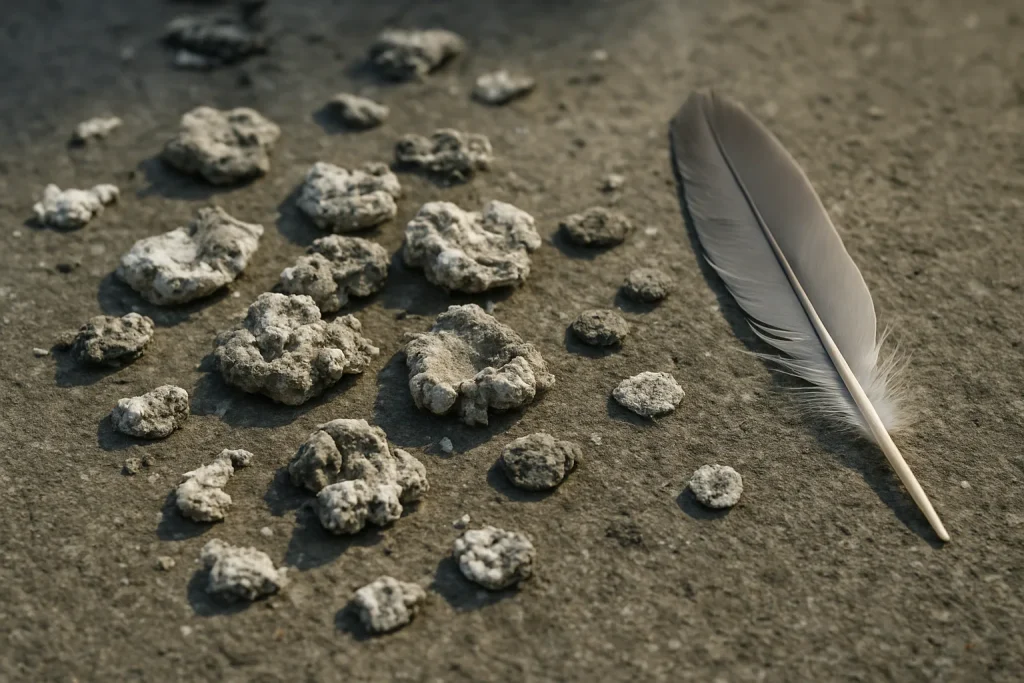 Gros plan sur des fientes de pigeons sèches avec une plume, texture détaillée visible