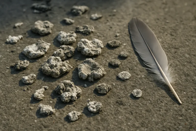 Gros plan sur des fientes de pigeons sèches avec une plume, texture détaillée visible