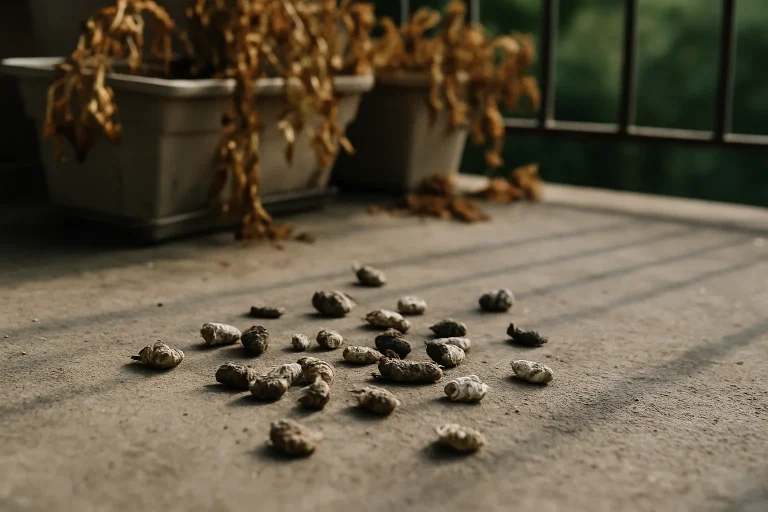 Déjections de pigeons sur un balcon avec des plantes flétries en arrière-plan