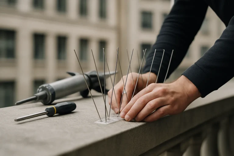 Mains installant des pics anti-pigeons sur une balustrade avec des outils.