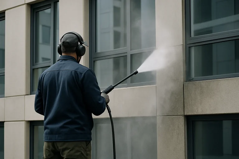 Professionnel en action nettoyant une façade de bâtiment avec des outils spécialisés.