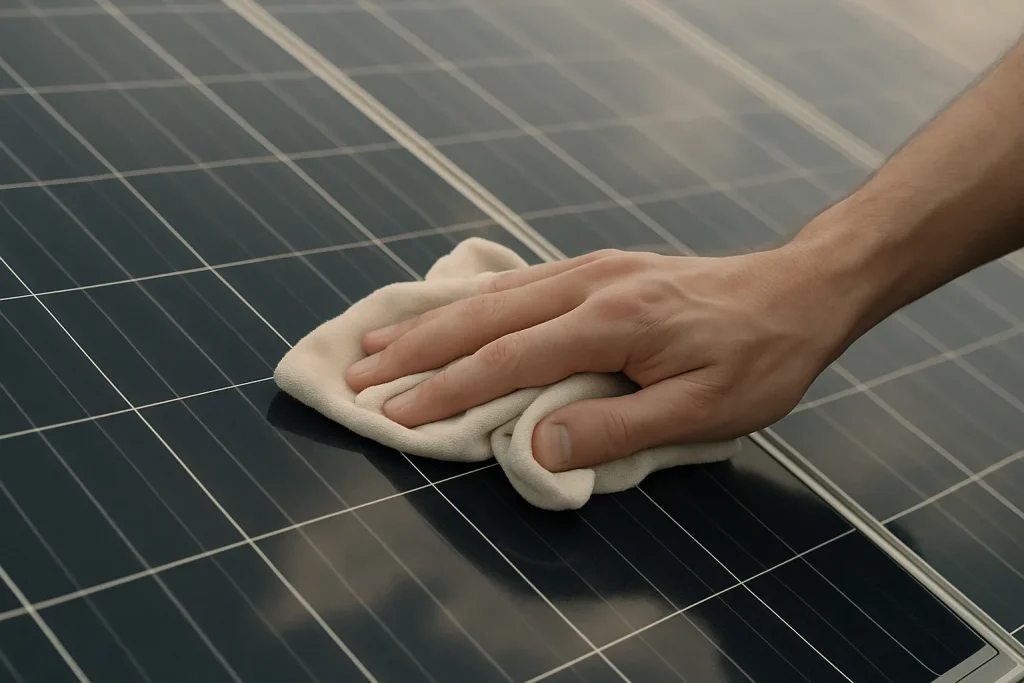 Main nettoyant un panneau solaire avec un chiffon doux sous une lumière naturelle.