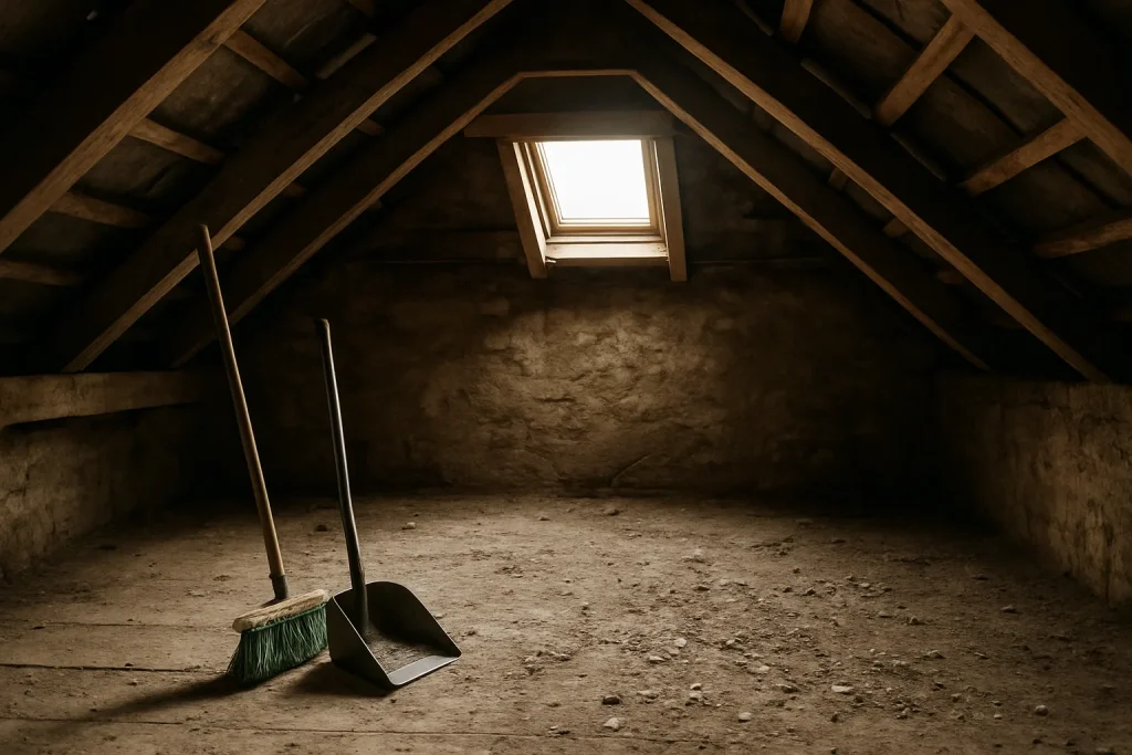 Intérieur de combles avec fientes de pigeons et outils de nettoyage sous une lumière douce.