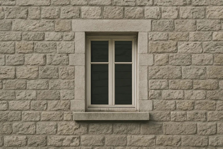 Façade en pierre naturelle avec dispositifs anti-pigeons, lumière du jour