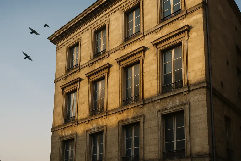 Vue d'ensemble d'une façade ancienne avec fientes de pigeons visibles et quelques oiseaux en arrière-plan.