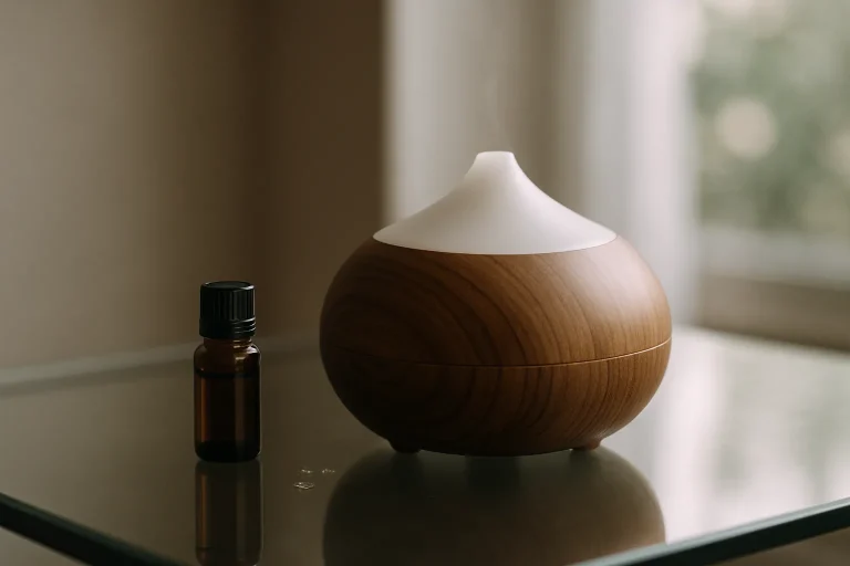 Diffuseur en bois sur une table en verre avec flacon d'huile et gouttes visibles