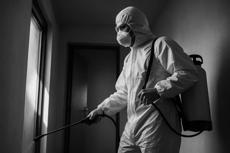 Professionnel en combinaison de protection désinfectant un espace clos après une infestation de pigeons.