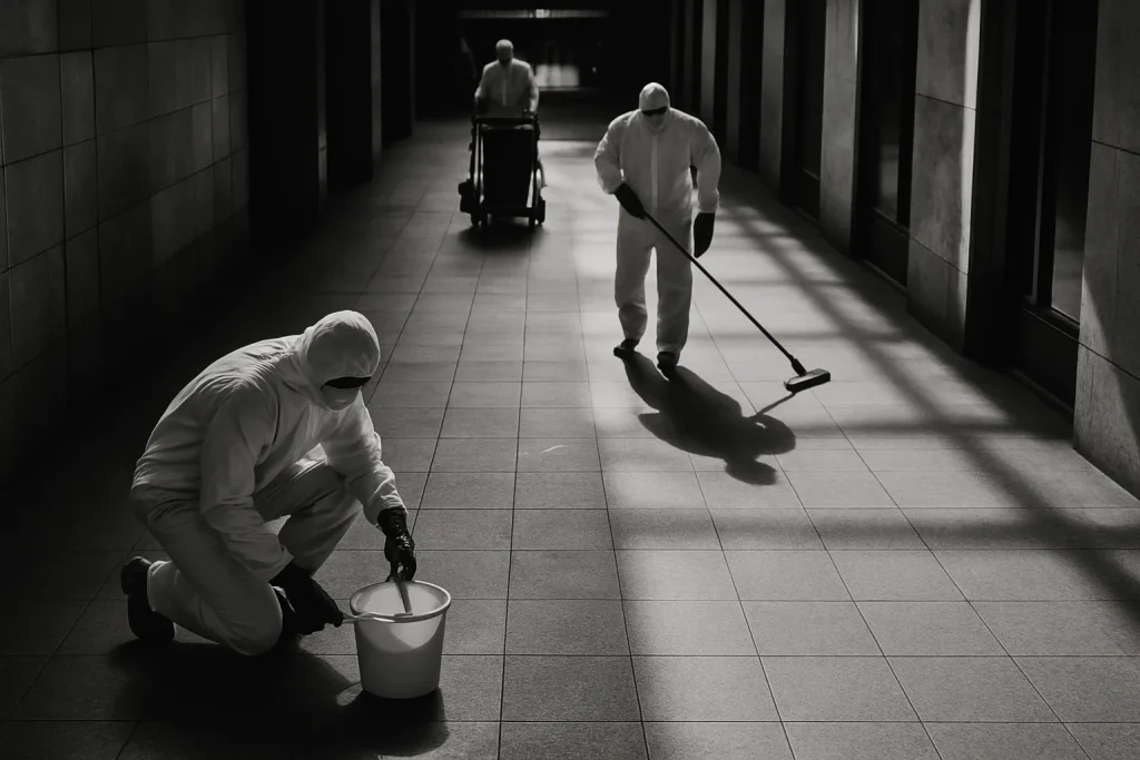 Équipe de nettoyage en combinaison dans un hall, perspective plongeante, noir et blanc.