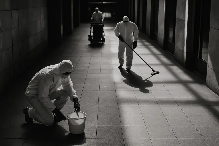 Équipe de nettoyage en combinaison dans un hall, perspective plongeante, noir et blanc.