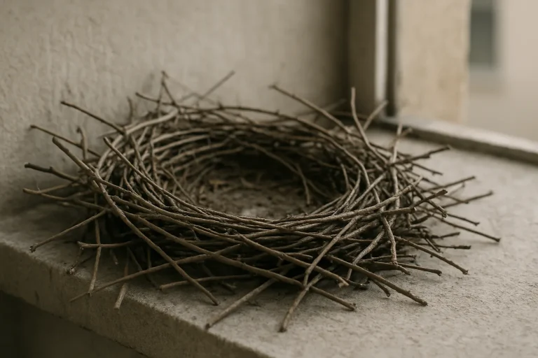 Nid de pigeon vide en gros plan sur un rebord de fenêtre en béton