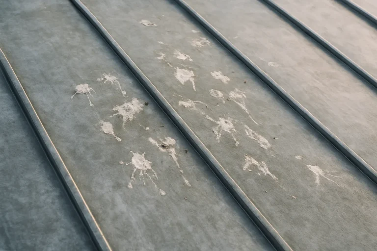 Toiture en zinc présentant des traces de déjections de pigeons, montrant des signes d'oxydation.