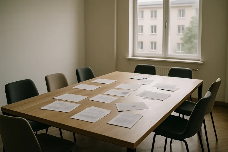 Salle de réunion de copropriété avec table en bois, lumière douce, documents.