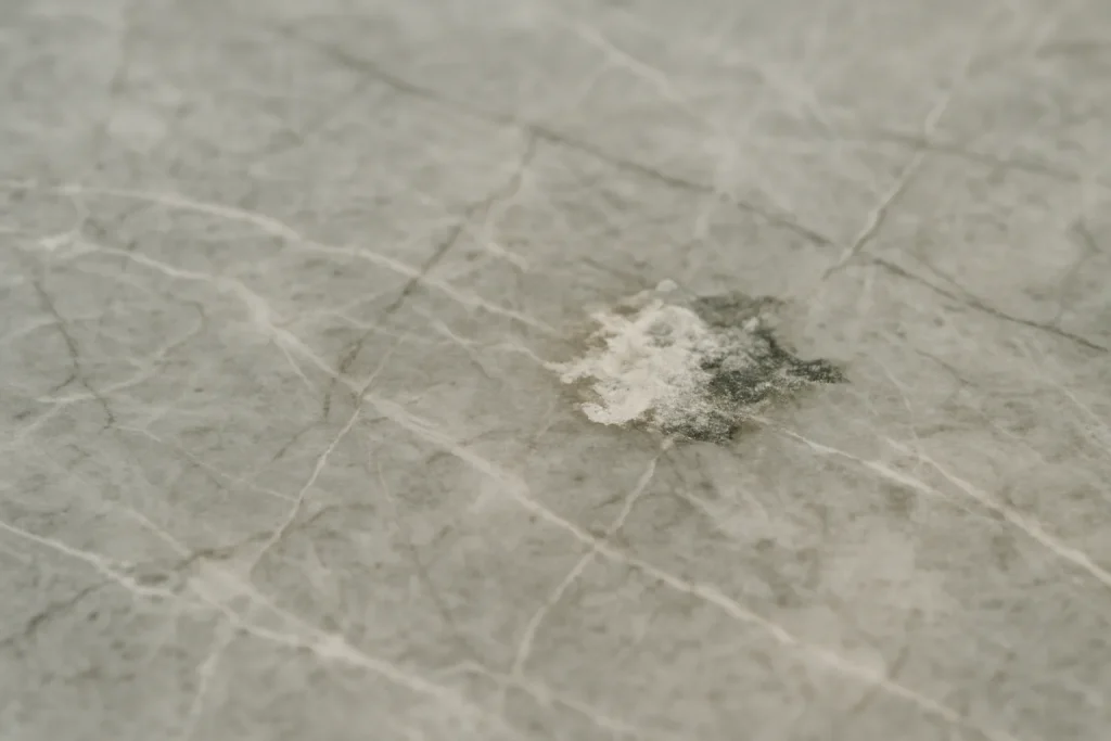Surface de marbre avec une tache de fiente de pigeon, éclairage naturel doux