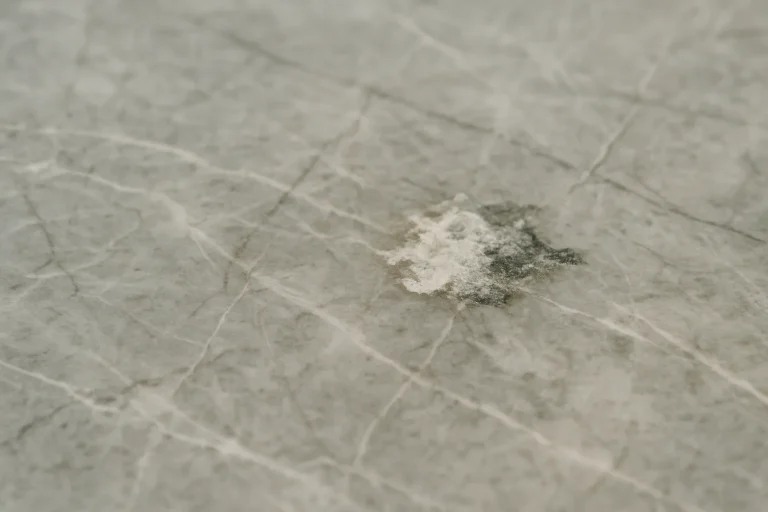 Surface de marbre avec une tache de fiente de pigeon, éclairage naturel doux