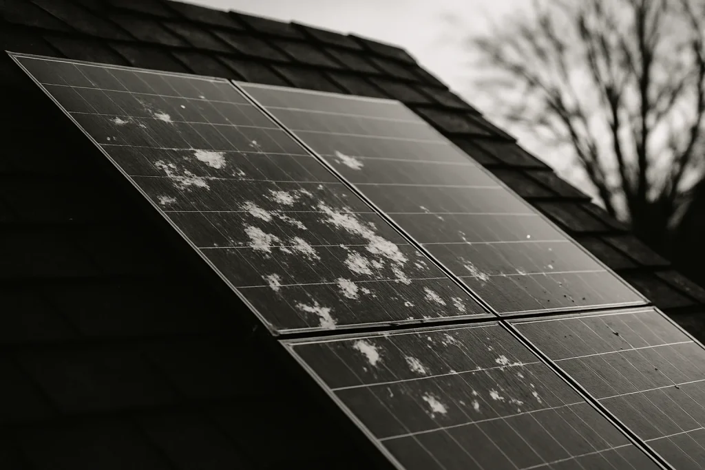 Panneaux solaires partiellement recouverts de fientes de pigeon, vue noir et blanc.