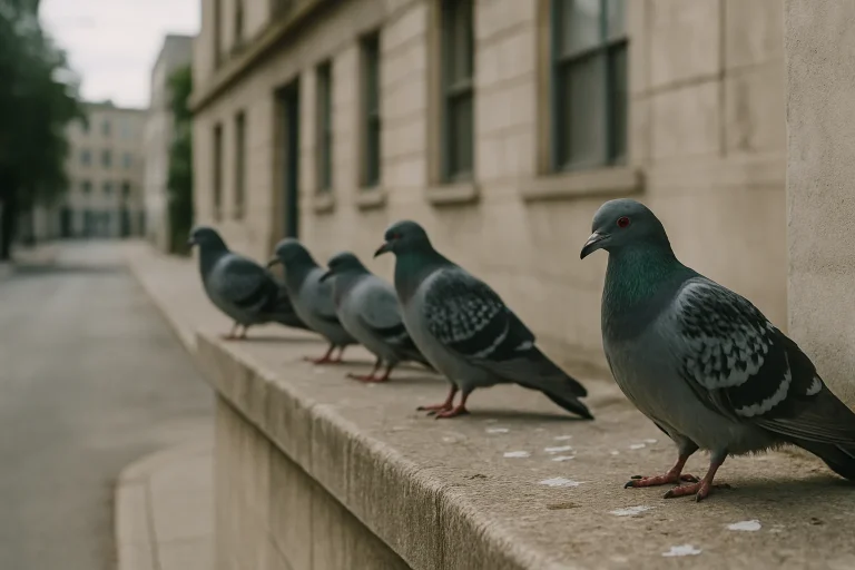 Pigeons sur un rebord urbain avec des fientes sur le sol, lumière du jour.