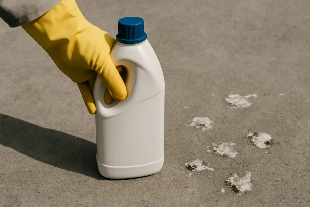 Main gantée avec une bouteille d'eau de javel à côté de fientes de pigeon séchées.