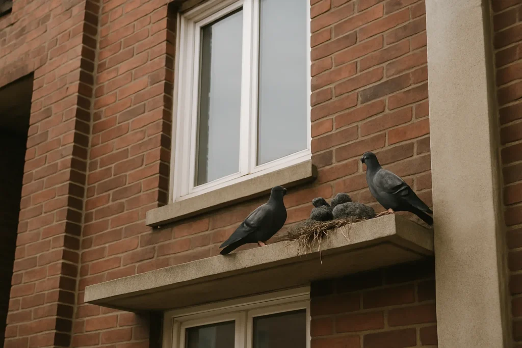 Nid de pigeon occupé sur un rebord de bâtiment urbain avec pigeons.
