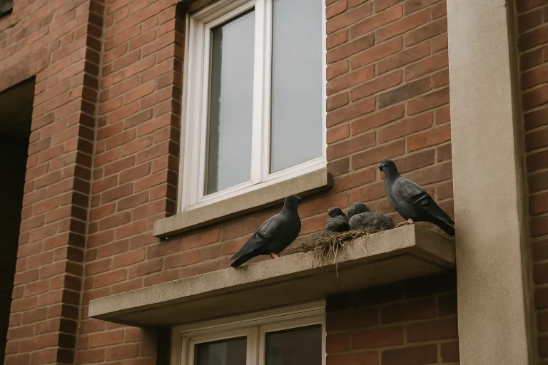 Nid de pigeon occupé sur un rebord de bâtiment urbain avec pigeons.