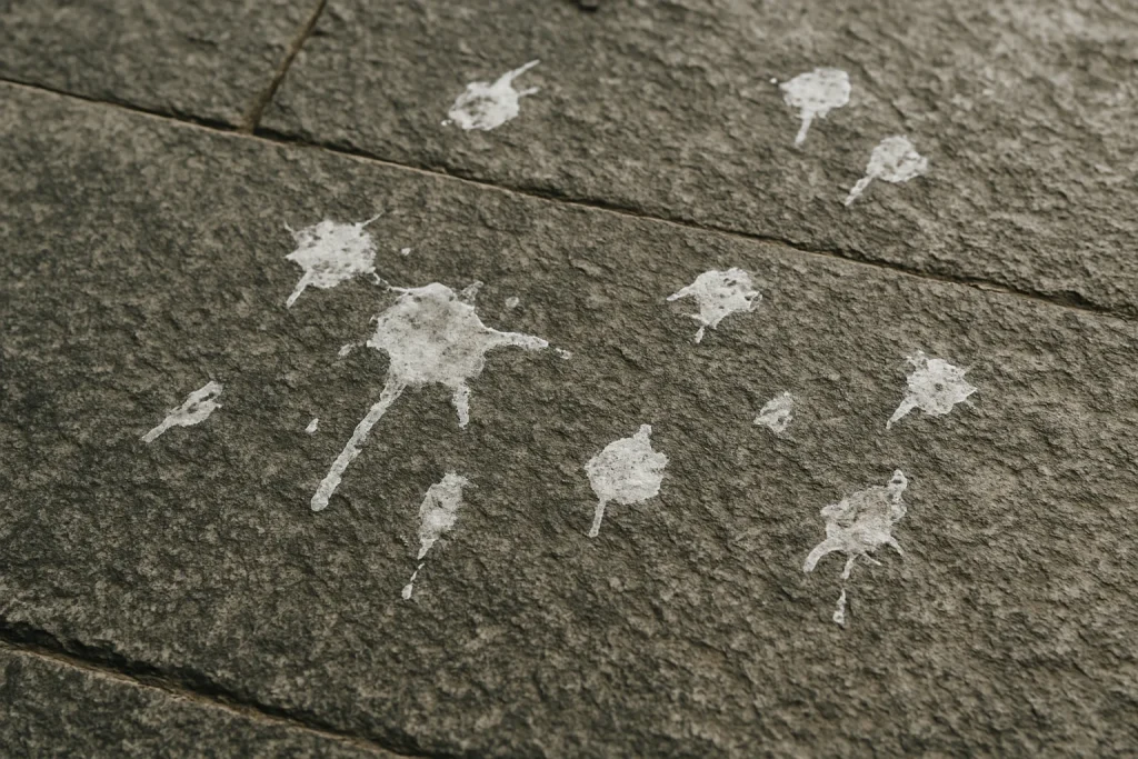 Gros plan sur des traces blanches de fientes de pigeons sur une surface en pierre