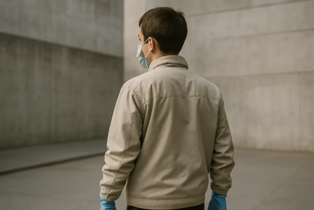 Personne de dos portant un masque et des gants dans un environnement urbain.