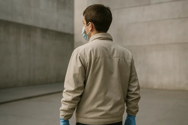 Personne de dos portant un masque et des gants dans un environnement urbain.