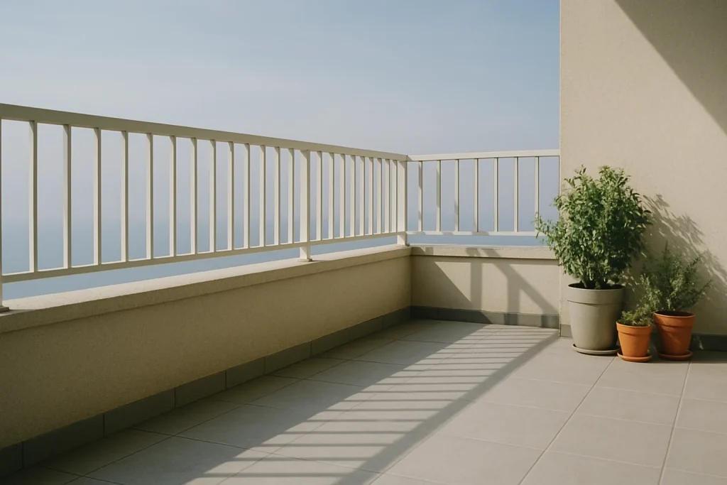 Balcon urbain propre avec quelques plantes en pot, ciel bleu en arrière-plan