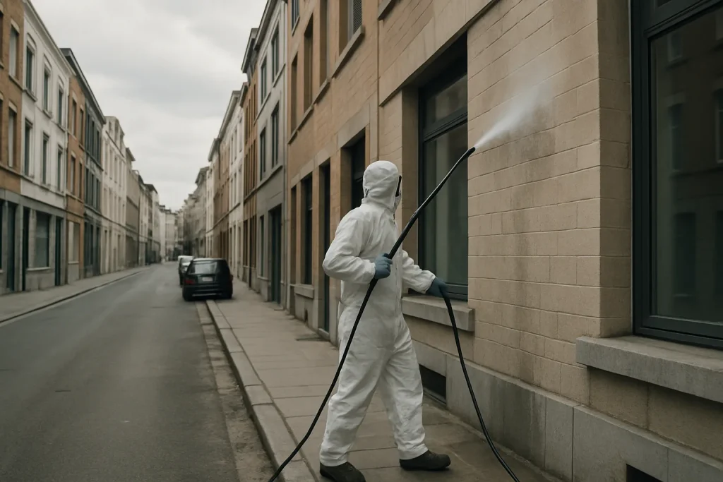 Technicien nettoyant une façade urbaine sous une lumière naturelle.