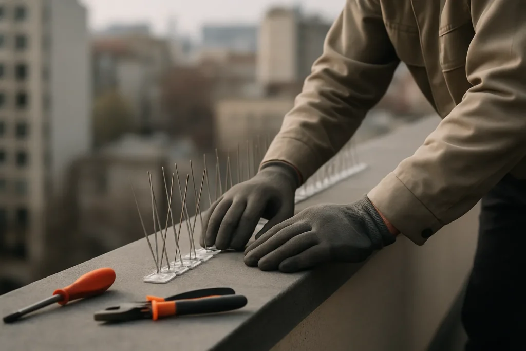 Homme installant des dispositifs anti-pigeons sur un toit, mains visibles, outils présents.
