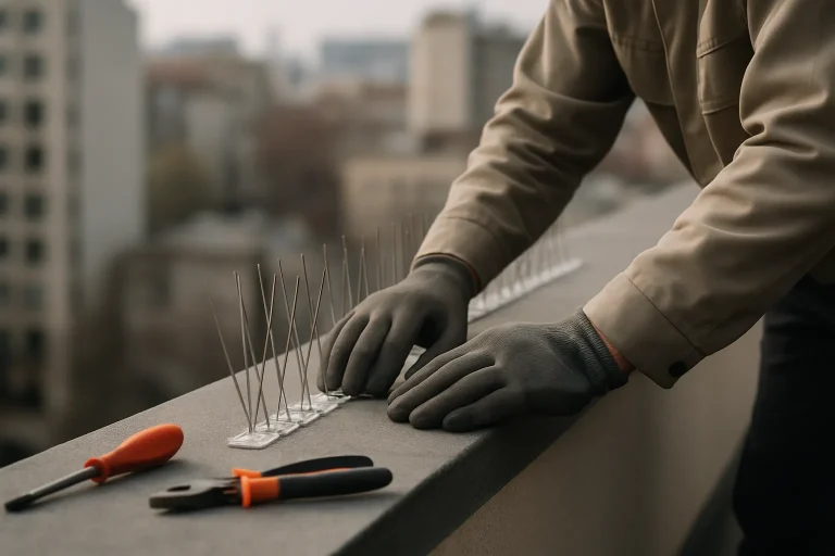 Homme installant des dispositifs anti-pigeons sur un toit, mains visibles, outils présents.