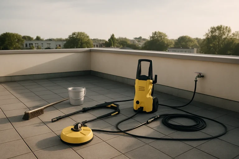 Toit en terrasse avec des équipements de nettoyage, lumière matinale douce.