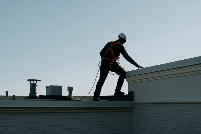 Silhouette d'un professionnel en harnais nettoyant une corniche sur un toit.