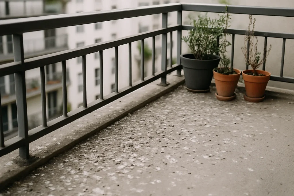 Balcon urbain recouvert de fientes de pigeon, balustrade avec plantes en pot