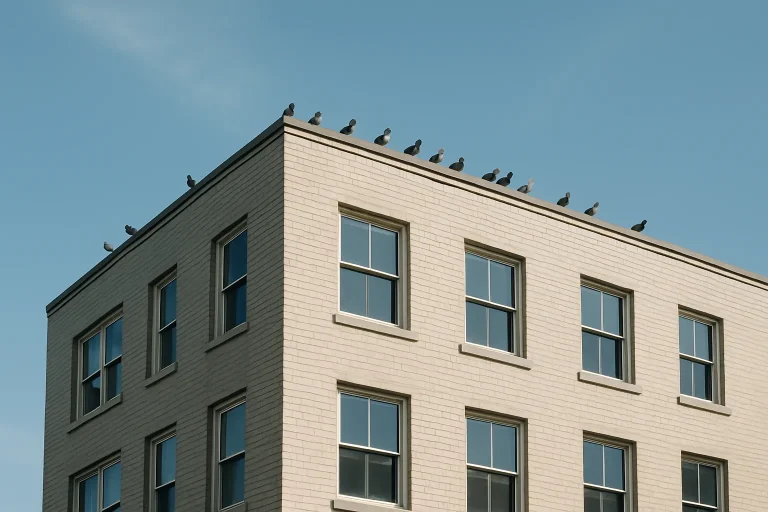 Vue d'un bâtiment urbain avec des pigeons sur le toit sous un ciel bleu