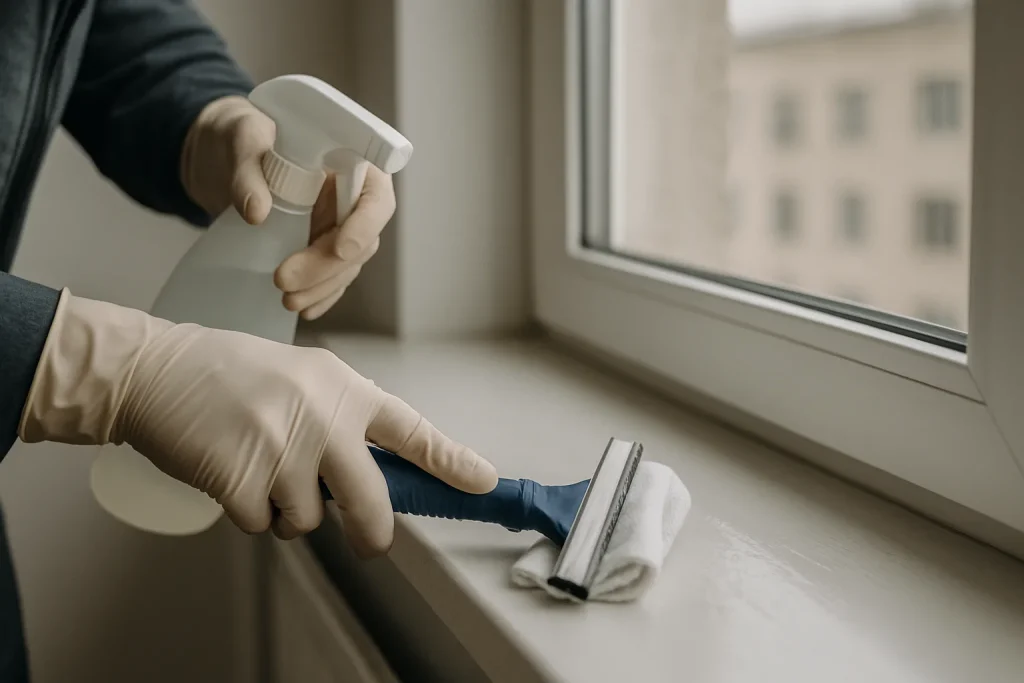 Mains gantées utilisant des outils pour nettoyer un rebord de fenêtre avec des fientes de pigeon.