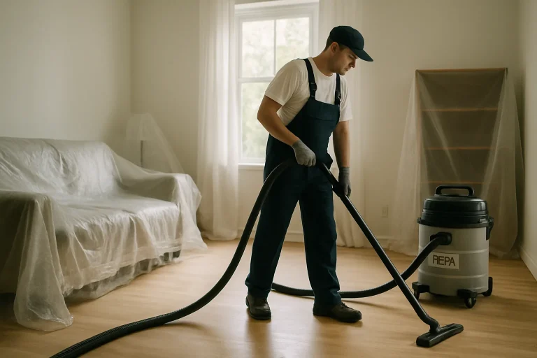 Technicien nettoyant une pièce avec un aspirateur HEPA, meubles protégés par des bâches.