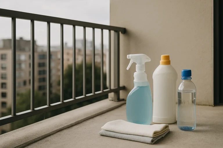 Garde-corps en métal sur un balcon, partiellement entouré de produits de nettoyage.