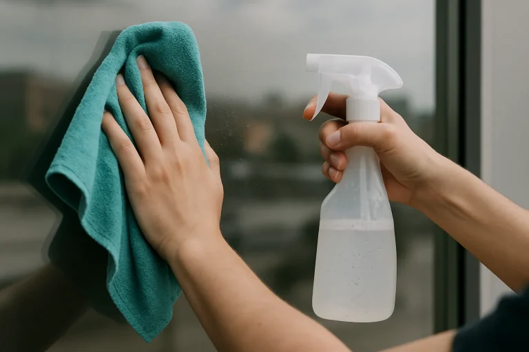 Des mains nettoyant une vitrine avec un chiffon et un produit, reflet urbain flou.