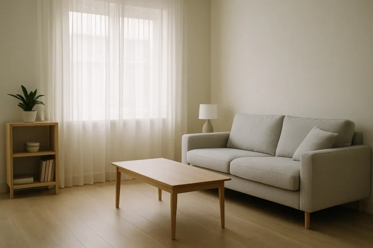 Un salon bien rangé et lumineux, prêt pour le nettoyage avec des meubles simples et un sol dégagé.