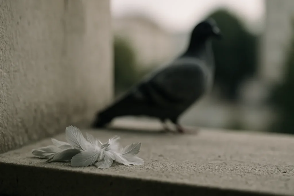 Gros plan sur un rebord de fenêtre avec des plumes de pigeon et un pigeon flou en arrière-plan.