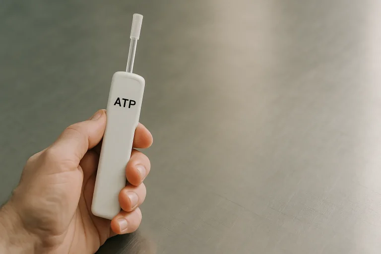 Main tenant un test ATP près d'une surface en acier inoxydable, lumière naturelle.