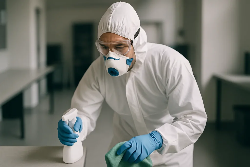 Agent de nettoyage portant combinaison, gants, masque respiratoire et lunettes.