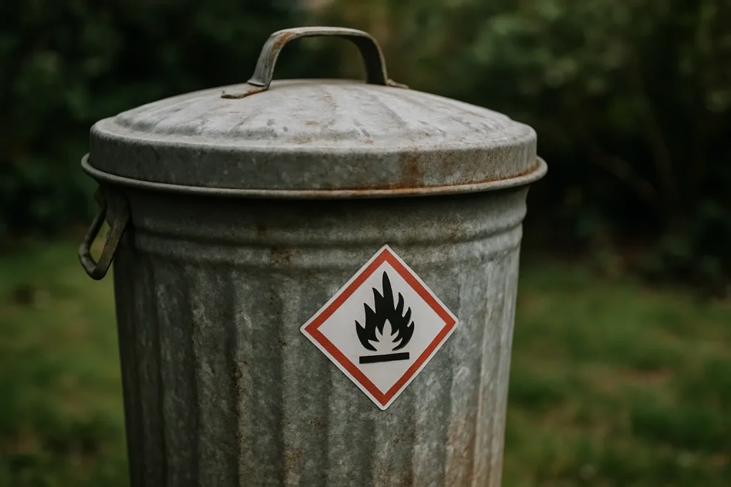 Poubelle fermée avec étiquette de danger, lumière naturelle, jardin flou en arrière-plan