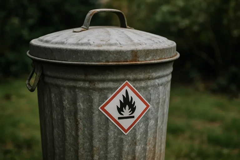 Poubelle fermée avec étiquette de danger, lumière naturelle, jardin flou en arrière-plan